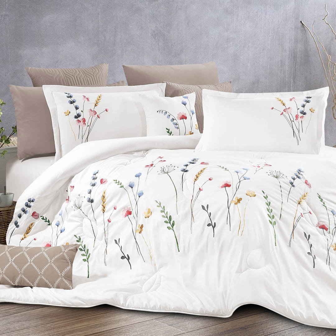 مفرش زمرد صيفي مزدوج مطرز أبيض بيج  برسومات الزهور عدد القطع 12