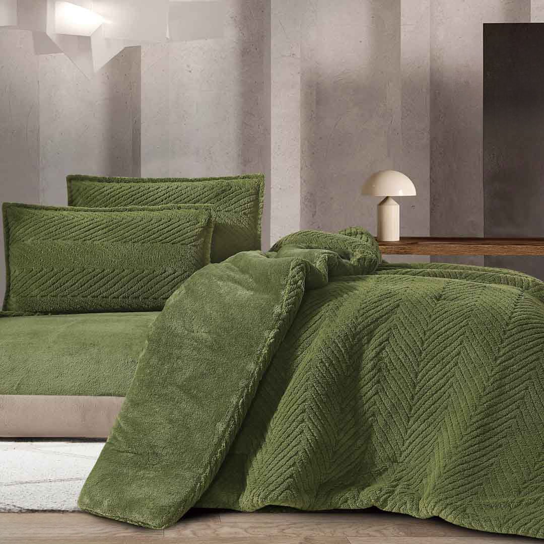 مفرش ماركوبولو شتوي فاخر كوين مقاس 200X150 سم فرو زيتي عدد القطع 4