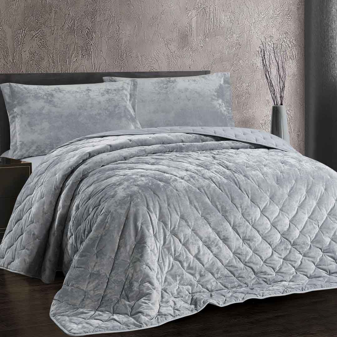 مفرش دايموند شتوي كوين مقاس230X200 سم فاخر مخمل رصاصي عدد القطع 3