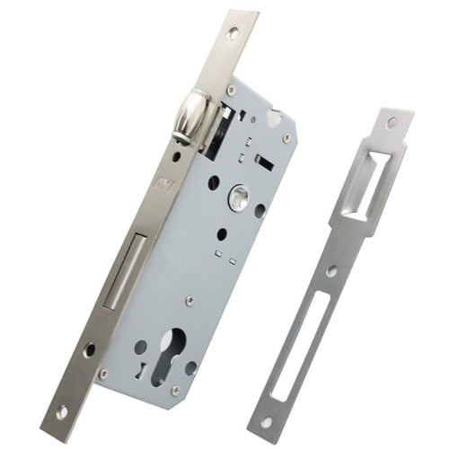 Roller latch mortise lock with spindle hole