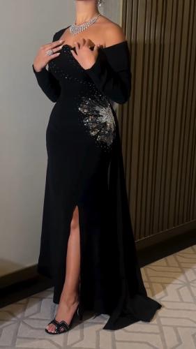 فستان سهرة أسود أوف شولدر بكم طويل