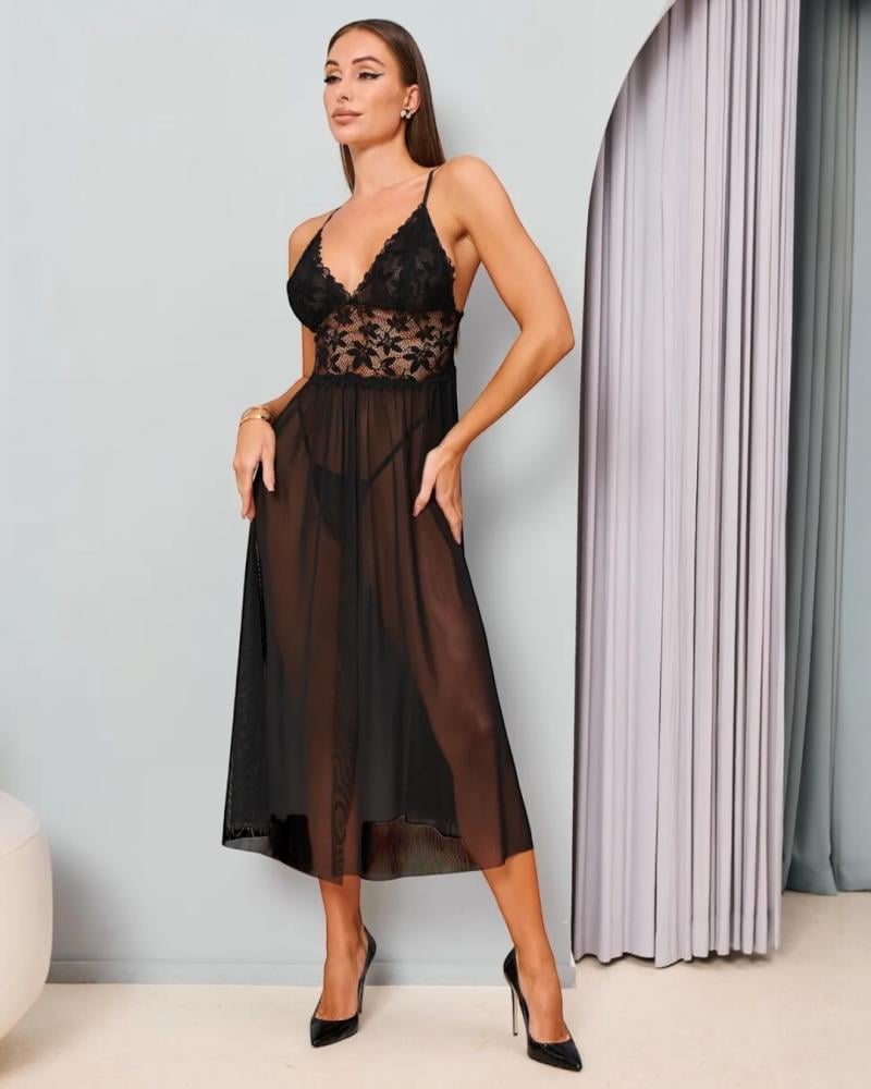 فستان لانجري أسود شفاف بتصميم دانتيل أنيق