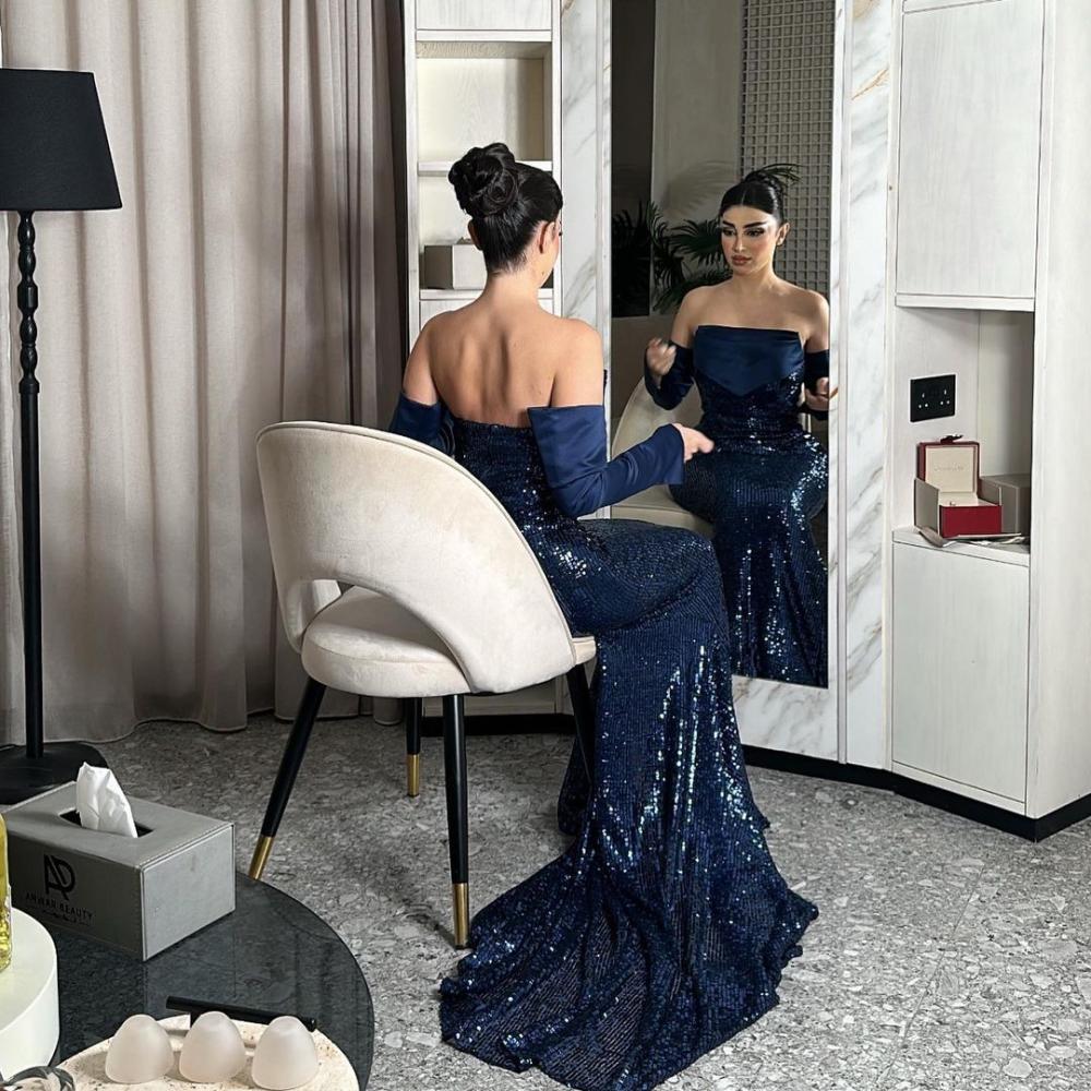 فستان سهرة كحلي كلفه ترتر