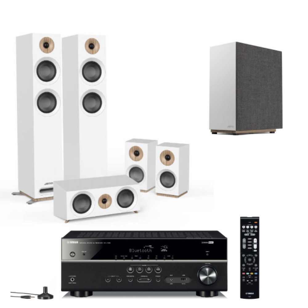 ياماها ريسيفر RX-V385 مع جامو نظام سماعات مسرح منزلي مع S 807 HCS Speakers System And S 810 SUB - اللون ابيض
