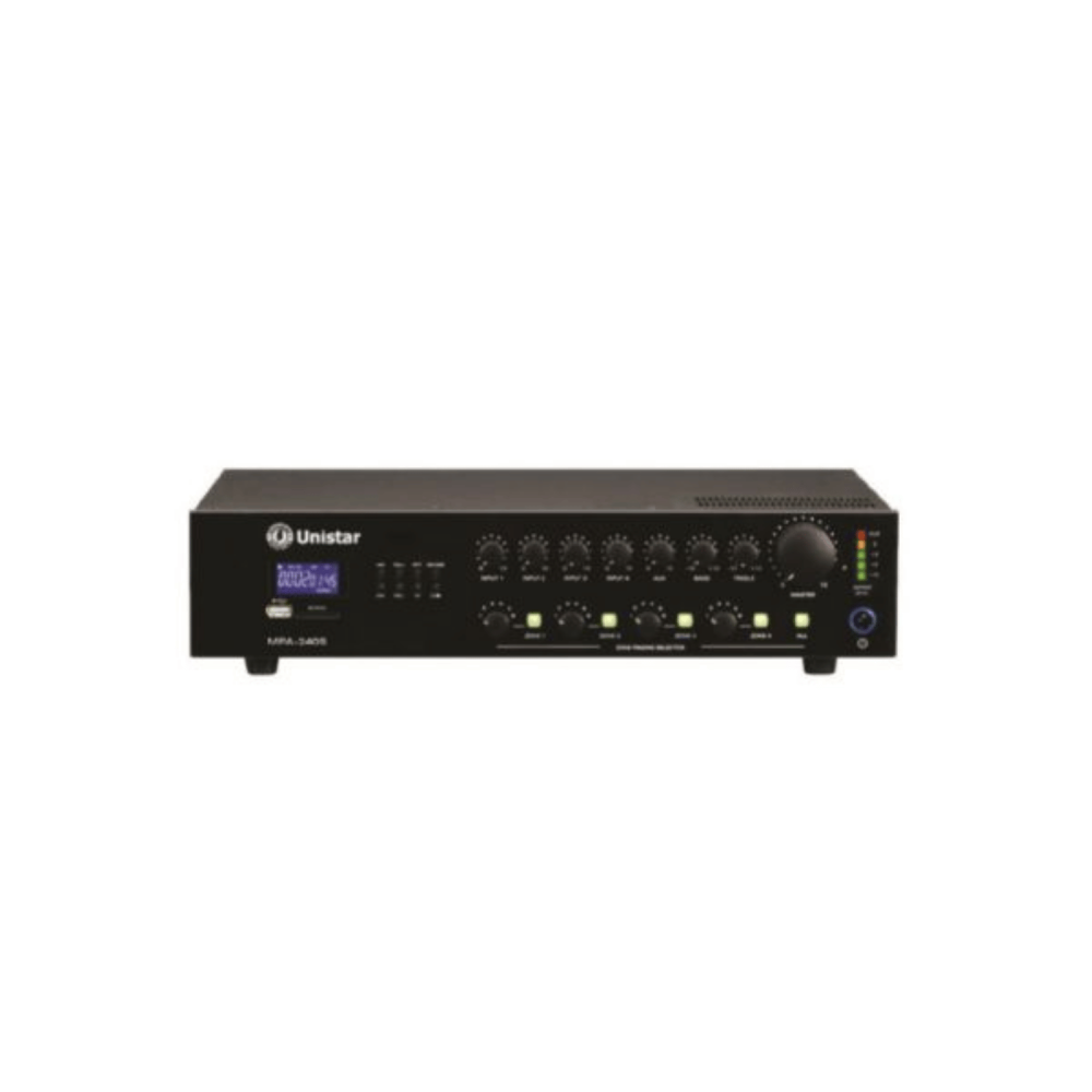 مضخم صوت أمبليفاير يونيستار MPA-240S، قدرة 240 وات، 4 مداخل ميكروفون، دعم مشغل MP3 والإذاعة، صوت عالي الجودة للمساجد وقاعات المؤتمرات