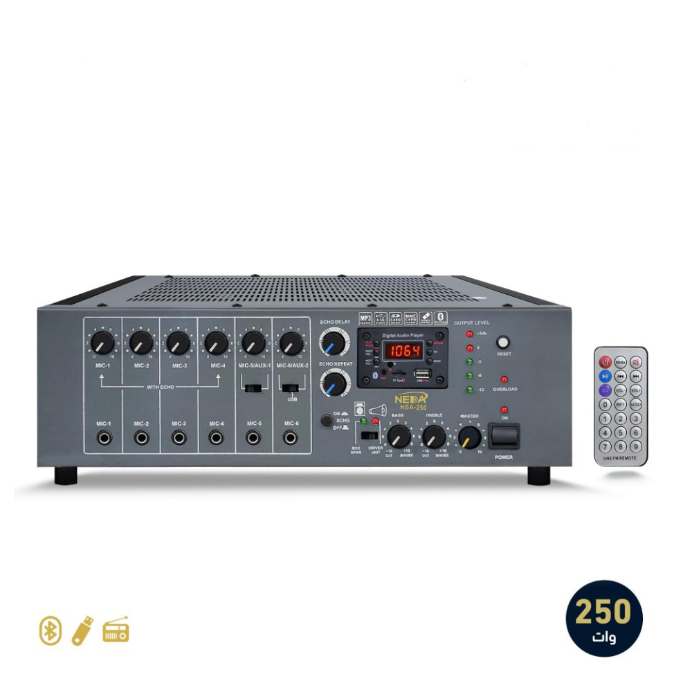 مضخم صوت امبليفاير بقوة 250 وات و6 مداخل ميكروفون | NEDA NSA-250 AMPLIFIER 250W