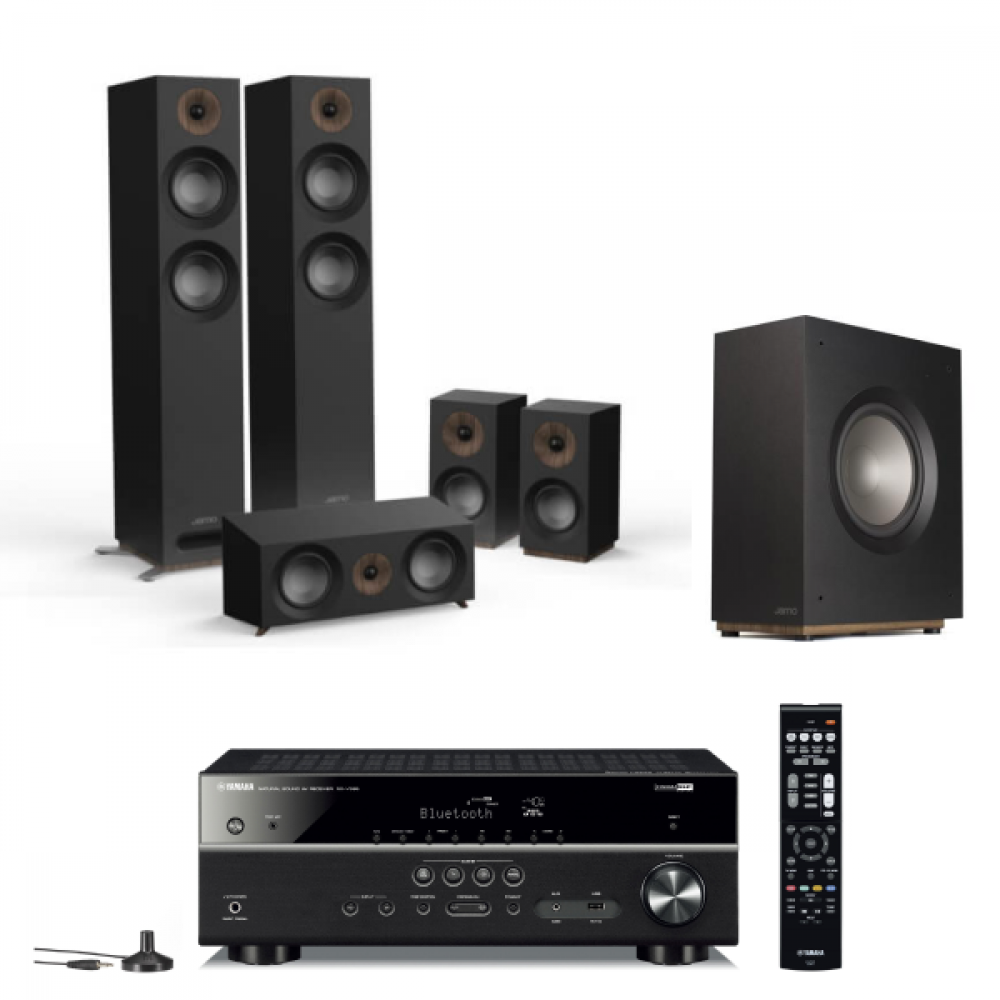 ياماها ريسيفر RX-V385 مع جامو نظام سماعات مسرح منزلي مع S 807 HCS Speakers System And S 810 SUB - اللون اسود