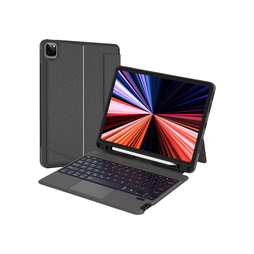 لوحة مفاتيح متوافقة مع أجهزة آيباد، تدعم اللغة العربية، قابلة للفصل، باللون الأسود، مع ضمان سنتين واستبدال فوري.