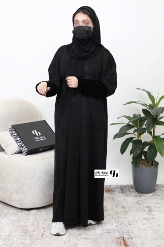 عباية شتوية شمواه أسود مع أكمام زم مغاط مخمل مع فت...