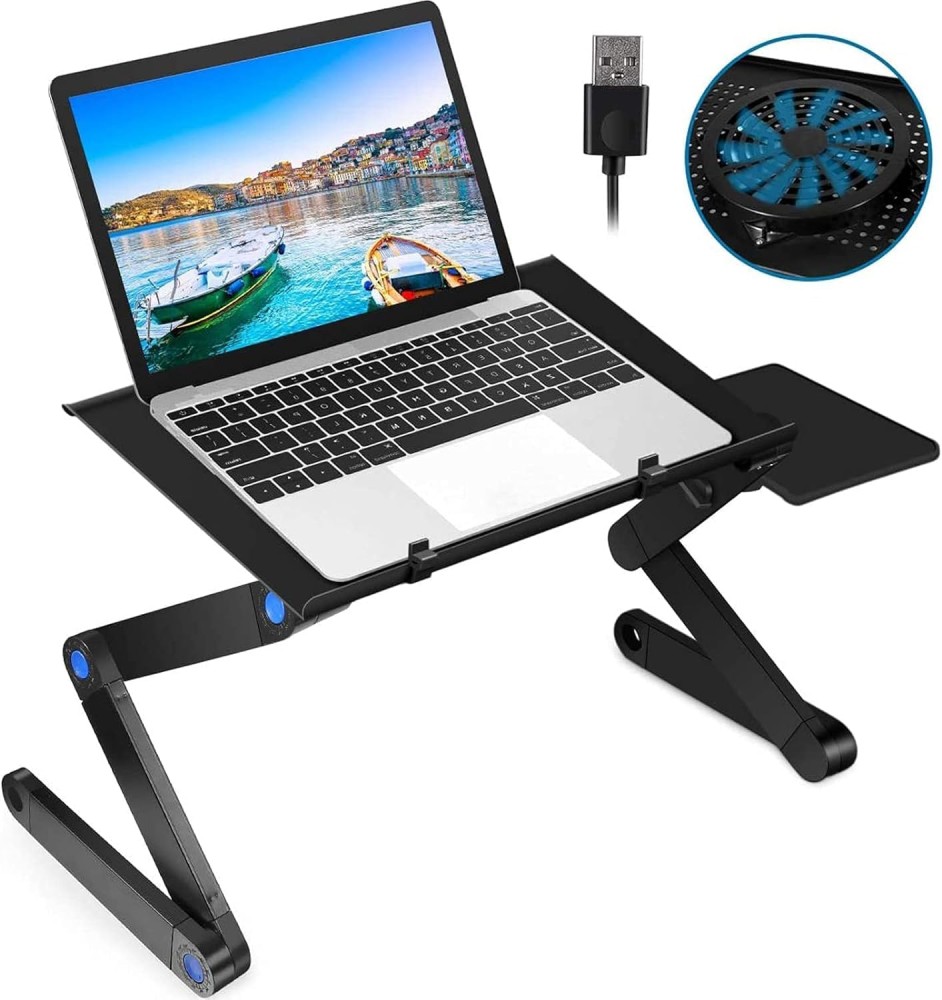 ALCOACH Adjustable Laptop Stand with Large USB Cooling Fan U HOOME Ergonomic Ergonomic Foldable Desk with Mouse Pad Adjustable Aluminum Laptop Table Stand for Bed and Sofa Black ALCOACH