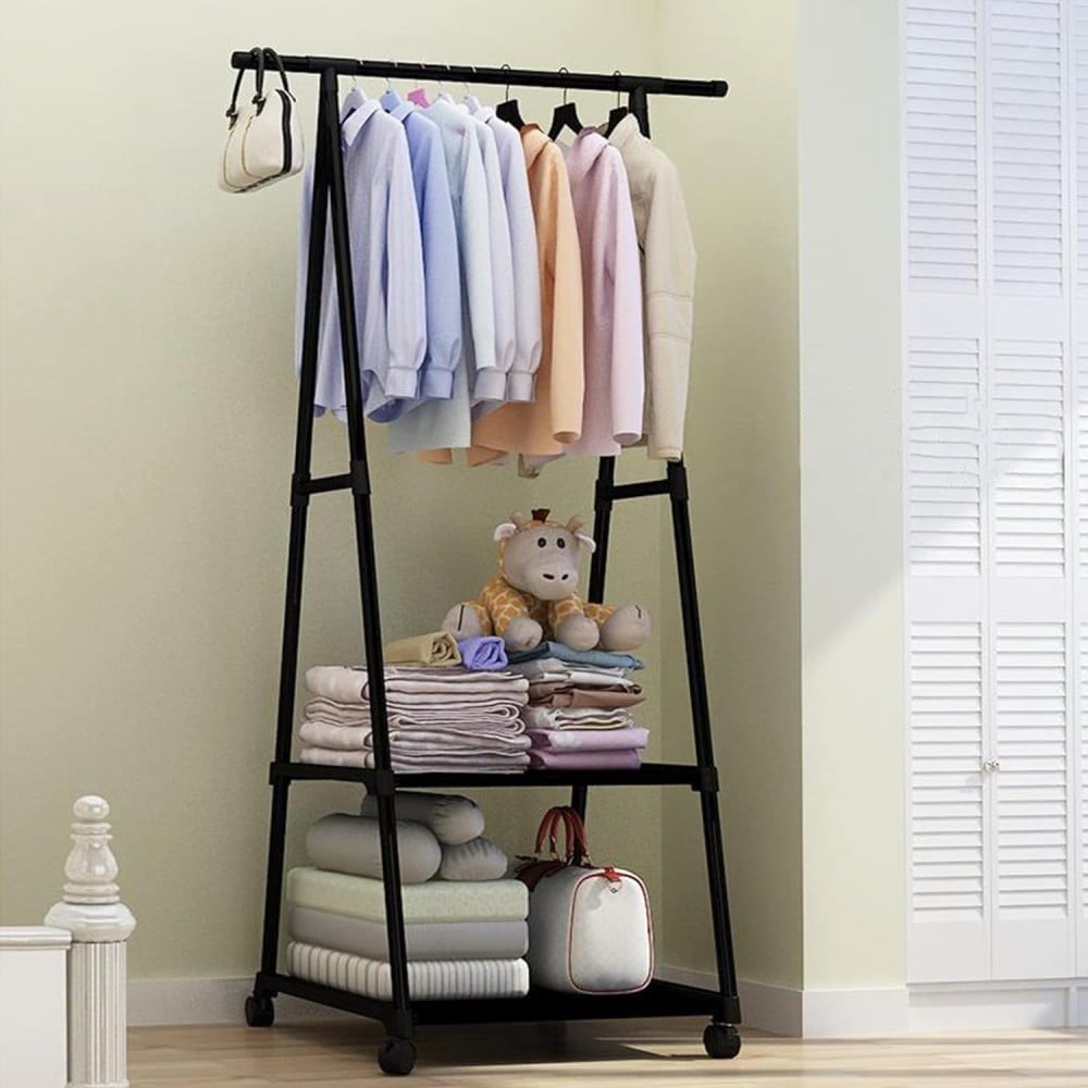 Corner Clothes Rack Black Clothes Rack with Swivel Wheels Clothes Organizer Rack with 2 Tier Racks for Hanging Clothes and Coats Rack on Wheels