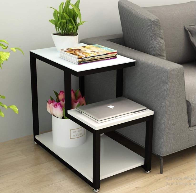 Living Room Side Tables Small Slim Standing Coffee Tables with Corner Storage Shelf Sofa Tables Bedroom Bedside Hallway Black White Wood
