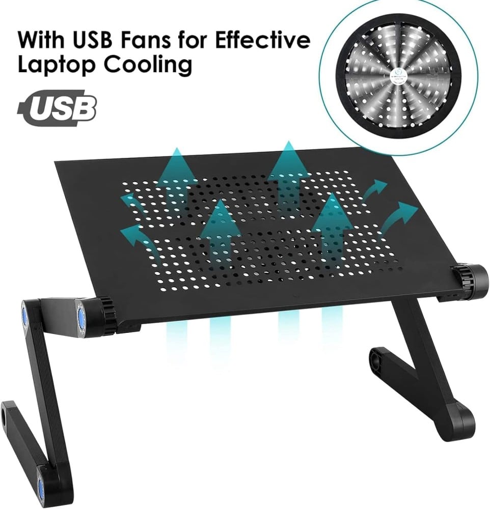 ALCOACH Adjustable Laptop Stand with Large USB Cooling Fan U HOOME Ergonomic Ergonomic Foldable Desk with Mouse Pad Adjustable Aluminum Laptop Table Stand for Bed and Sofa Black ALCOACH