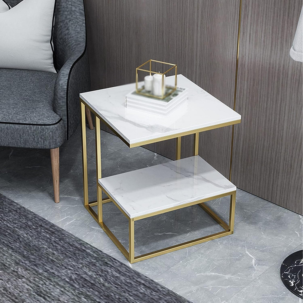 Living Room Sofa Side Table White Coffee Table Gold Frame Bedside Table Small Corner Tea Table Modern Bedroom Side Table 45 x 45 x 61 cm Alloy Steel ALCOACH