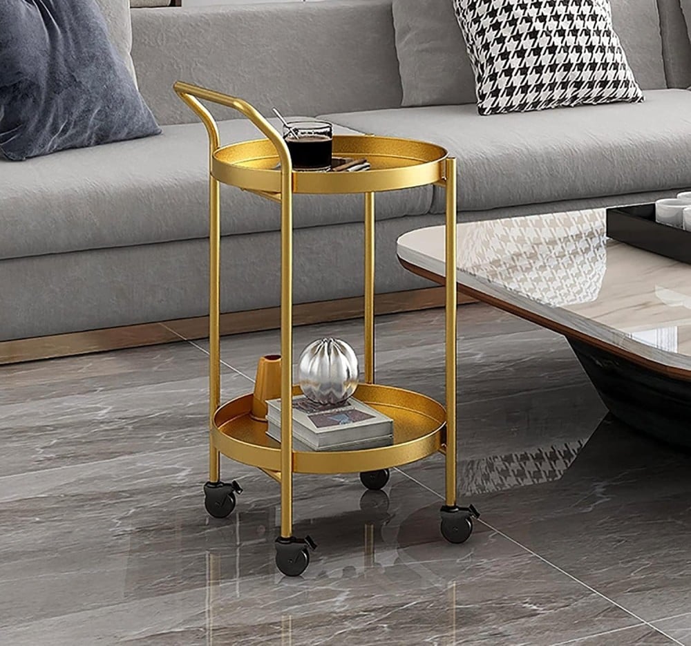 Coach Modern 2 Layer Portable Snack Side Table with 4 Wheels Round Metal Table for Living Room and Small Spaces for Sofa Coffee and Drinks Color Gold ALCOACH