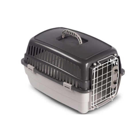 ام بي اس حامل قطط للسفر باب حديد مع صحن اكل ملون صغیر