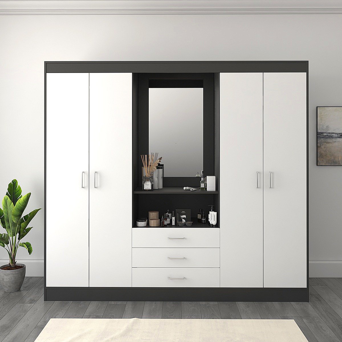 خزانة ملابس بتسريحة وسطية لون أبيض مع أسود