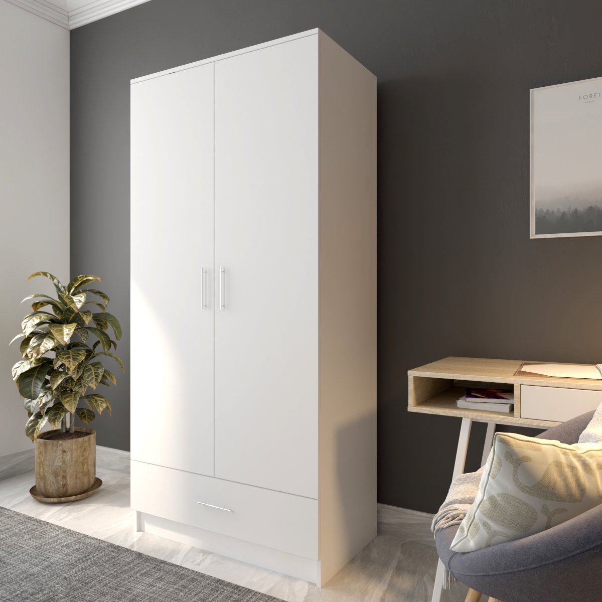 ياقوتة خزانة ملابس عصرية ذات بابين لون أبيض مع درج بمساحة واسعة