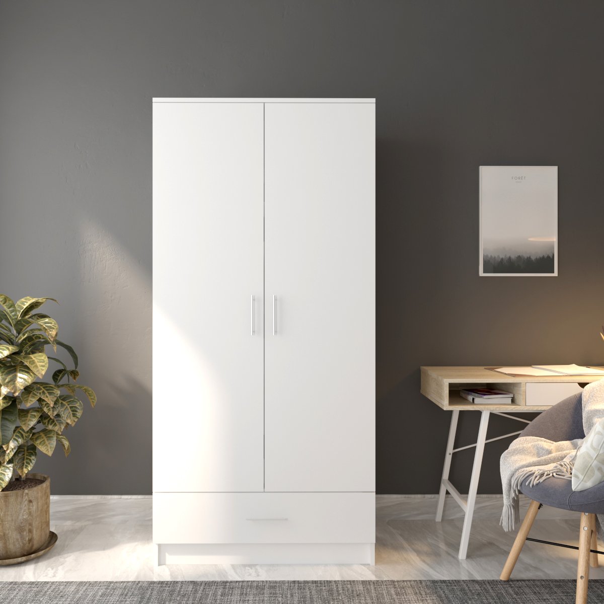 ياقوتة خزانة ملابس عصرية ذات بابين لون أبيض مع درج بمساحة واسعة