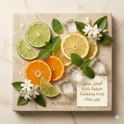 مكونات عطرية صيفية منعشة وباردة مكعبات ثلج وحمضيات وورد من بون بينك بد