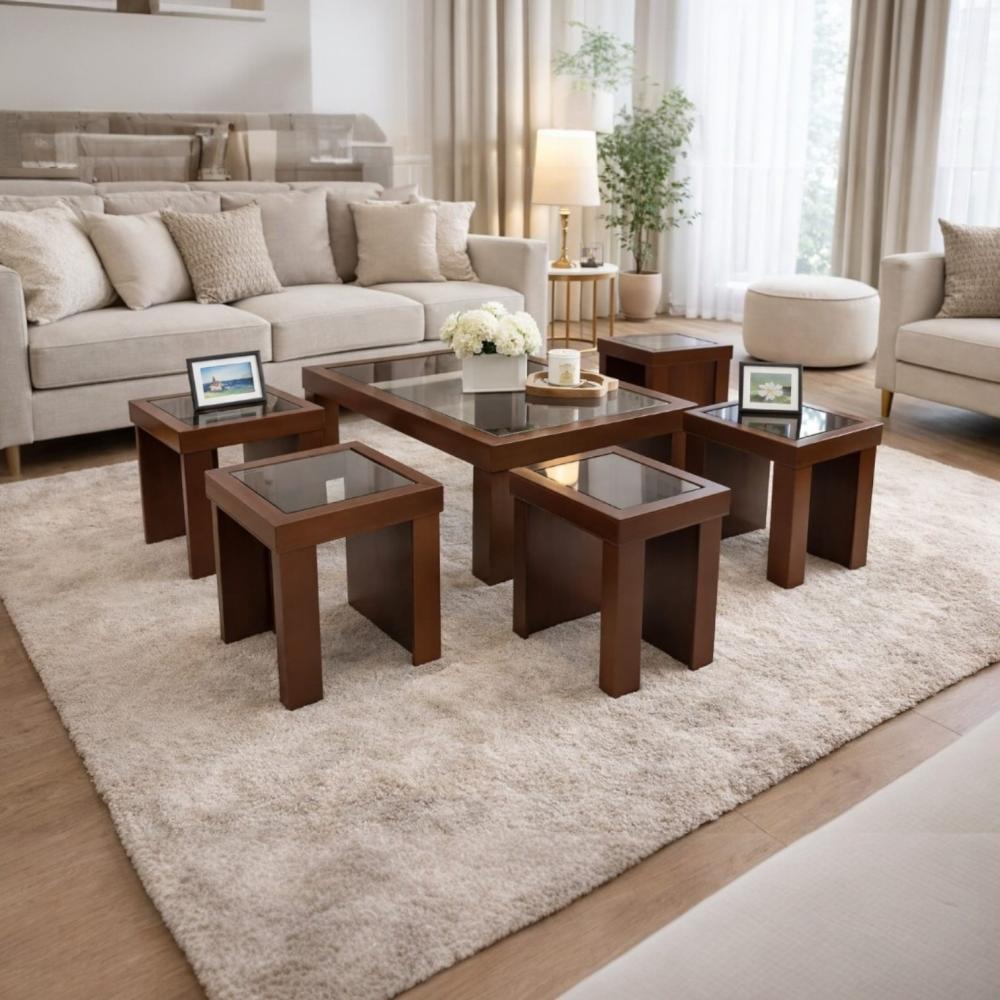 طقم طاولات 7 قطع و سطح زجاجي وقاعدة خشبية بالون الاسود تصميم حديث وعصري MS_TS_00059