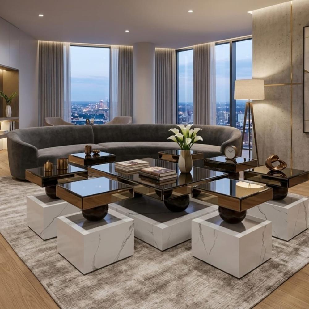 طقم طاولات 7 قطع بسطح زجاجي وقاعدة رخامية بالون الابيض تصميم حديث وعصري MS_TS_00007