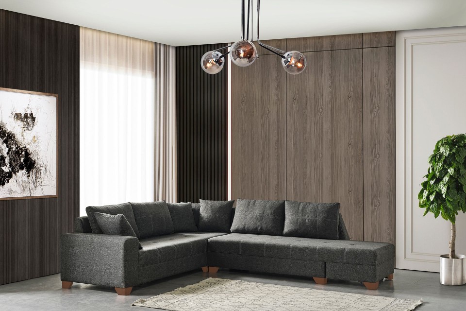كنبة زاوية على شكل حرف إل بتصميم عصري - اللون رمادي غامق - مقاس 280 / 200 × 85 × 90 سم