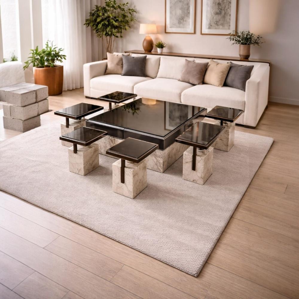 طقم طاولات 7 قطع بسطح زجاجي وقاعدة من بديل الرخام بالون الابيض تصميم حديث وعصري MS_TS_00038