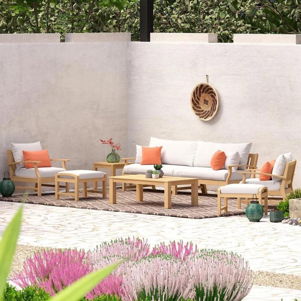 طقم جلسات خارجية مصنوع من خشب زان مكون من كنبة ثلاثية + 2 كرسي + 2 بف + طاولة وسط + طاولة جانبية - الموديل MS_12-38