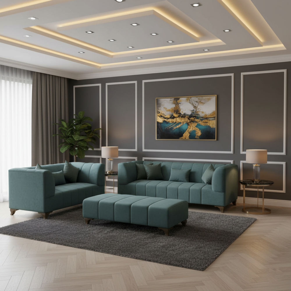 طقم كنب داخلي عصري متكامل بتصميم هادئ ووسائد أنيقة مكون من كنبة ثلاثية + كنبة ثنائية + 2 كرسي - اللون أخضر زيتى - MS_ID_SET_00062