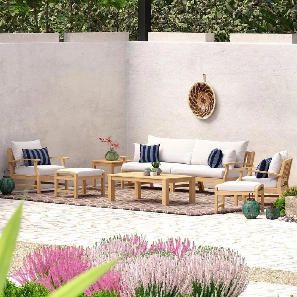 طقم جلسات خارجية مصنوع من خشب زان مكون من كنبة ثلاثية + 2 كرسي + 2 بف + طاولة وسط + طاولة جانبية - الموديل MS_12-38