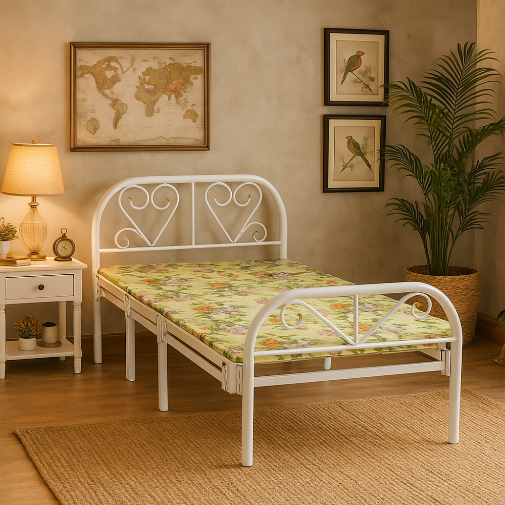 هيكل سرير حديد نفر قابل للطي مع بطانة مرتبة مقاس 90 × 190 × 70 سم MS_BED_MTL_0002 أبيض