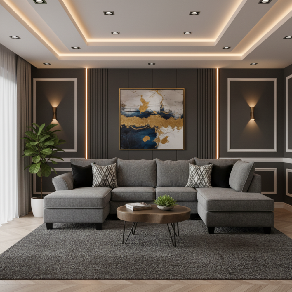كنبة زاوية على شكل حرف يو بتصميم عصري و خشب عالى الجودة - اللون رمادي - مقاس 200 / 120 × 85 × 85 سم