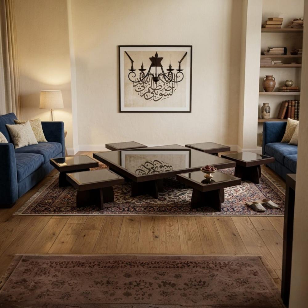 طقم طاولات 7 قطع و سطح زجاجي وقاعدة خشبية بالون البني تصميم حديث وعصري MS_TS_00055