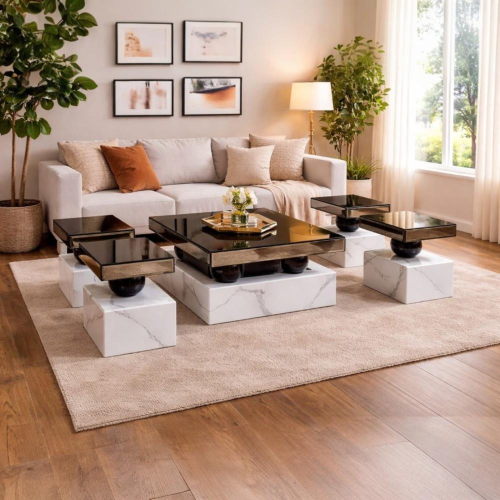 طقم طاولات 7 قطع و سطح من بديل الرخام وقاعدة من بديل الرخام بالون الابيض تصميم حديث وعصري MS_TS_00063