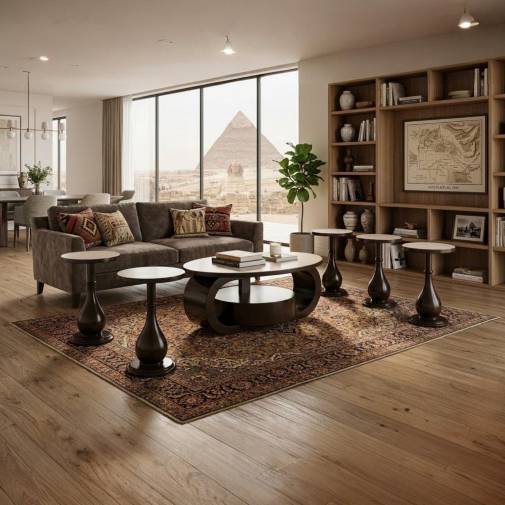 طقم طاولات 7 قطع بسطح خشبي بالون الابيض وقاعدة خشب بالون البني الغامق تصميم حديث وعصري MS_TS_00025