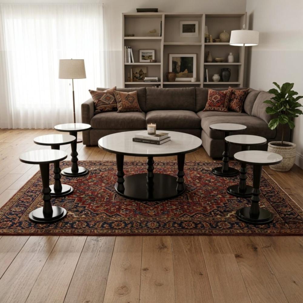 طقم طاولات 7 قطع بسطح خشبي بالون الابيض وقاعدة خشب بالون الاسود تصميم حديث وعصري MS_TS_00026