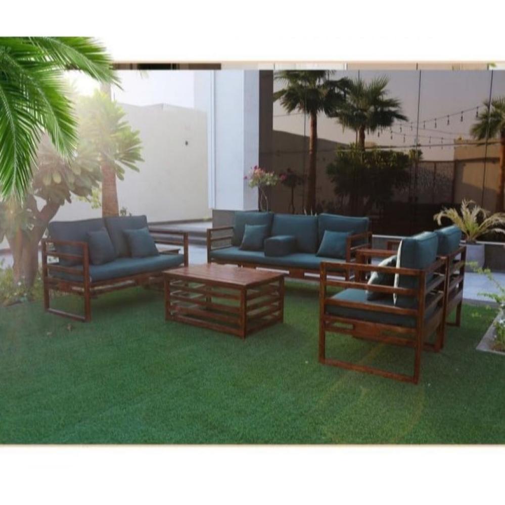 طقم جلسات خارجية من المعدن مع الخشب عالي الجودة مكون من كنبة ثلاثية + كنبة ثنائية + 2 كرسي + طاولة قهوة - اللون زيتي - الموديل 12_86