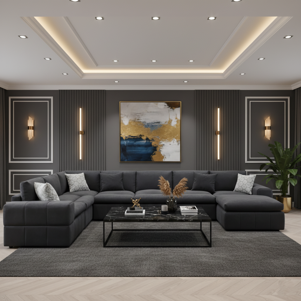 كنبة زاوية على شكل حرف يو بتصميم عصري و خشب عالى الجودة - اللون أسود - مقاس 302 / 200 × 85 × 75 سم