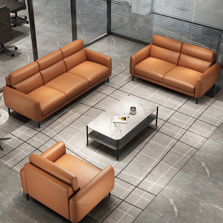 طقم كنب داخلى جلد مودرن بتصميم أنيق وألوان محايدة هادئة مكون من كنبة ثلاثية + كنبة ثنائية + كرسى- اللون برتقالي - MS_ID_SET_00033