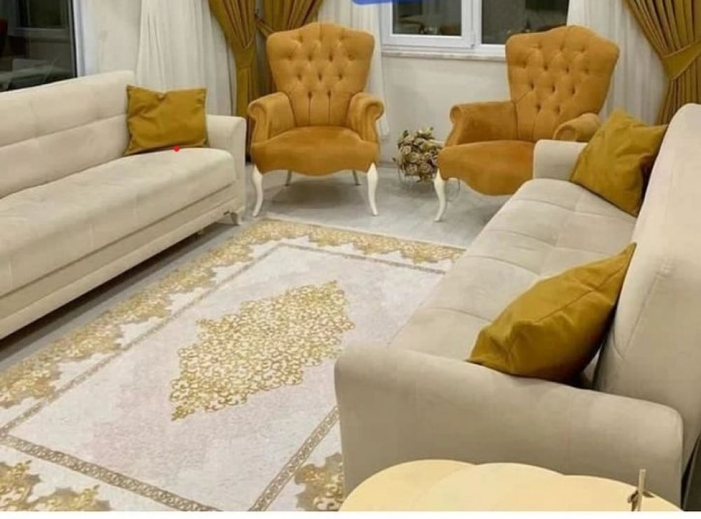 طقم كنب داخلي عصري متكامل بتصميم هادئ ووسائد أنيقة مكون من كنبة ثلاثية + كنبة ثنائية + 2 كرسي - اللون بيج وبرتقالي - MS_ID_SET_00065