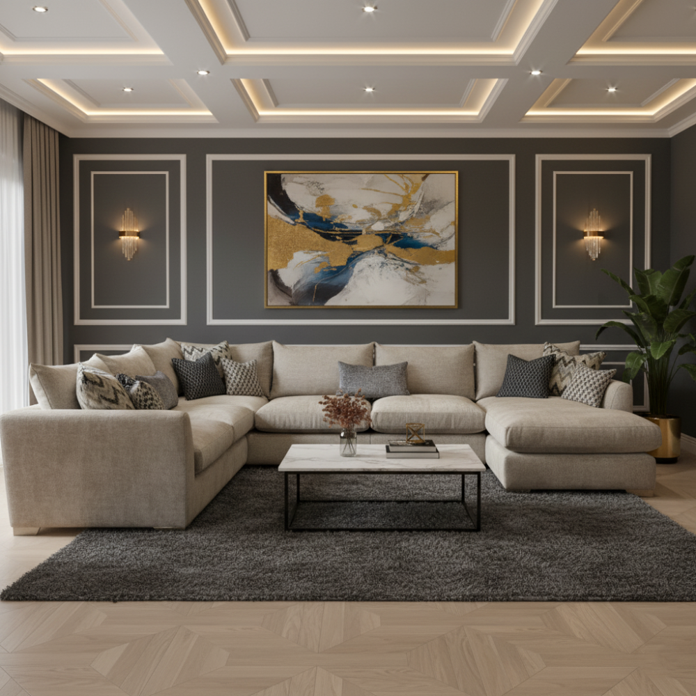كنبة زاوية على شكل حرف يو بتصميم عصري و خشب عالى الجودة - اللون بيج - مقاس 300 / 200 × 85 × 85 سم