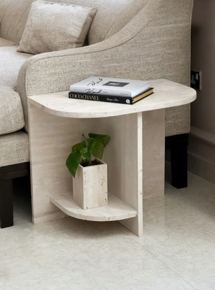 طاولة جانبية من رخام ترفنتينو - لون بيج - 50 سم × 60 سم - لغرفة المعيشة العصرية