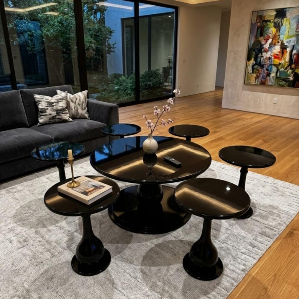 طقم طاولات 7 قطع بسطح زجاج اسود وقاعدة خشب لون اسود تصميم حديث وعصري MS_TS_00002