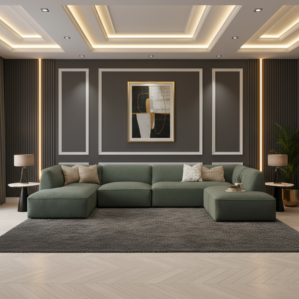 كنبة زاوية رُكنة على شكل حرف U مصنوعة من خشب عالي الجودة مع قماش فاخر مقاس 200 × 250 × 160 سم - أخضر زيتوني - ELEGSOF17