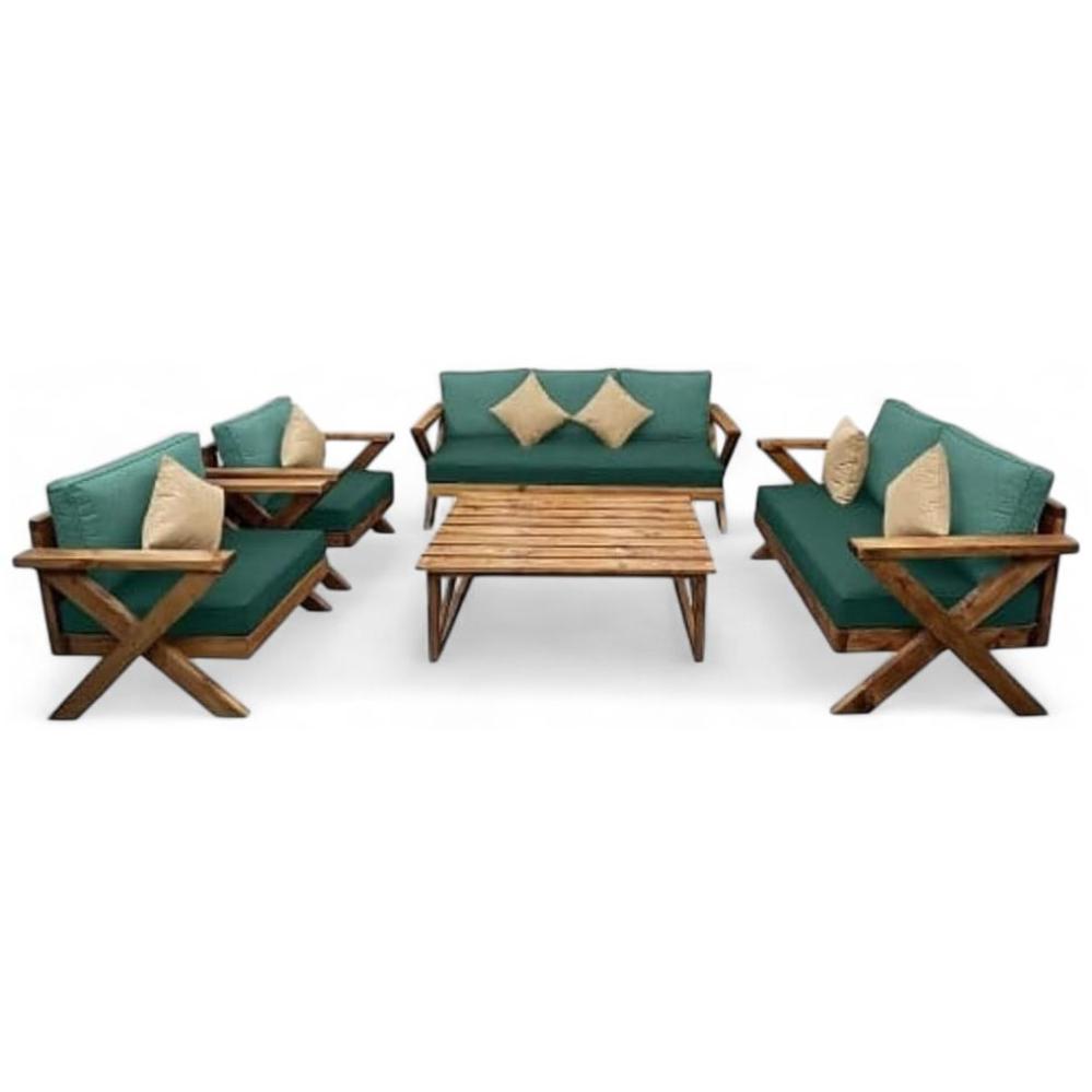 طقم جلسات خارجية من الخشب عالي الجودة مكون من كنبة ثلاثية + كنبة ثنائية + 2 كرسي + طاولة قهوة - 200 × 76 × 90 سم - اللون الاخضر - Xiw201