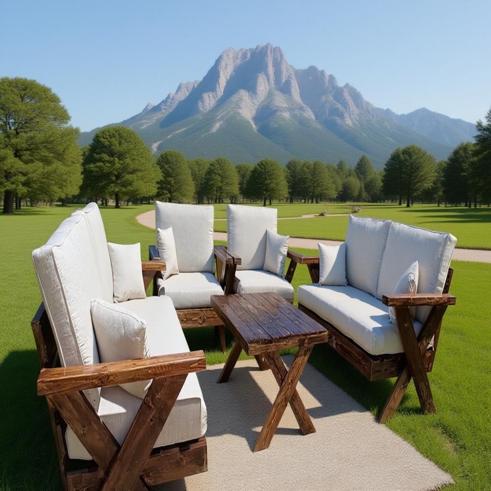 طقم جلسات خارجية من الخشب عالي الجودة مكون من كنبة ثلاثية + كنبة ثنائية + 2 كرسي فردي + طاولة قهوة - أبيض - XIW118