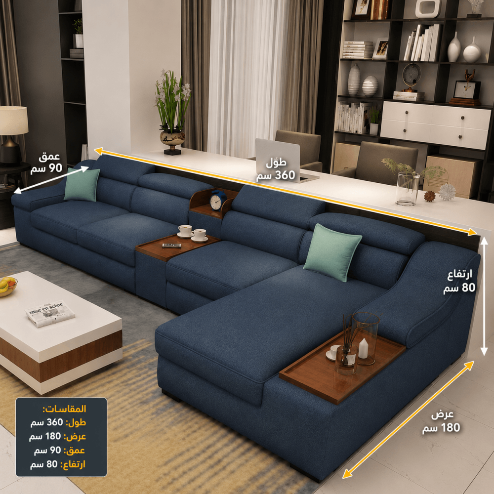 كنبة زاوية رُكنة على شكل حرف L  بتصميم عصري من خشب عالي الجودة - اللون بيج - مقاس 300 / 180 × 85 × 85 سم