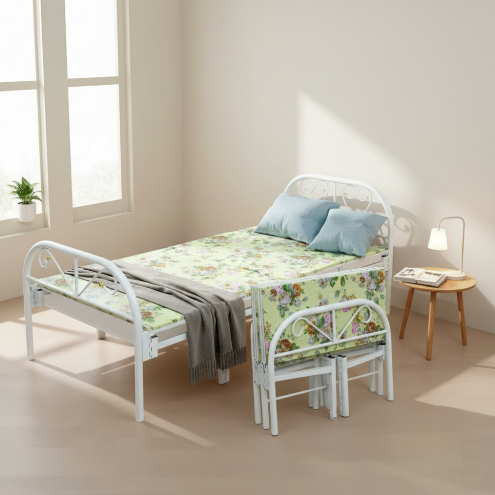 هيكل سرير حديد نفر قابل للطي مع بطانة مرتبة مقاس 90 × 190 × 70 سم MS_BED_MTL_0002 أبيض