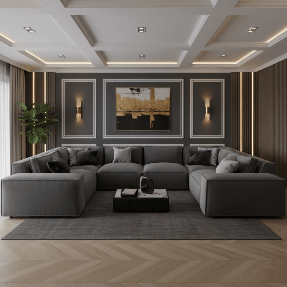 كنبة زاوية ركنة على شكل حرف U مصنوعة من خشب عالي الجودة طبيعي مع قماش فاخر مقاس 212 × 380 × 212 سم - اللون رصاصي - الموديل ELEGSOF23